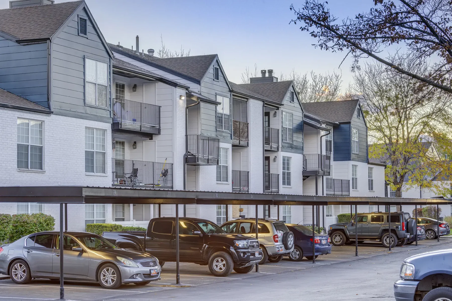 Covered parking spaces outside a residential building