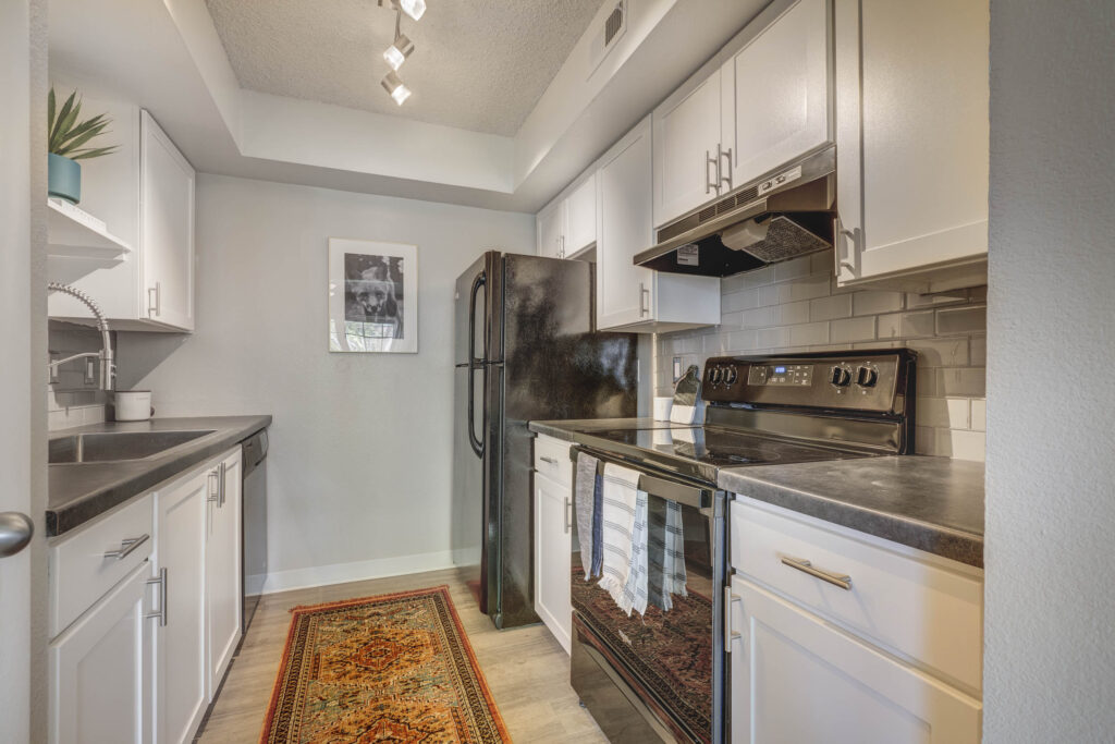 Kitchen with tile backsplash, black counters and appliance