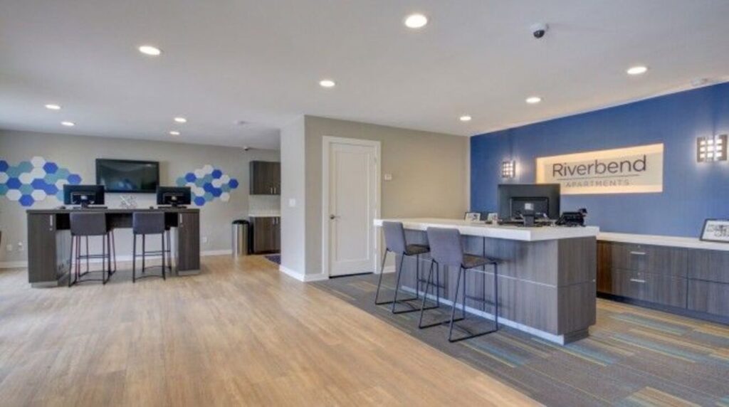 Leasing office reception desk and lobby lounge